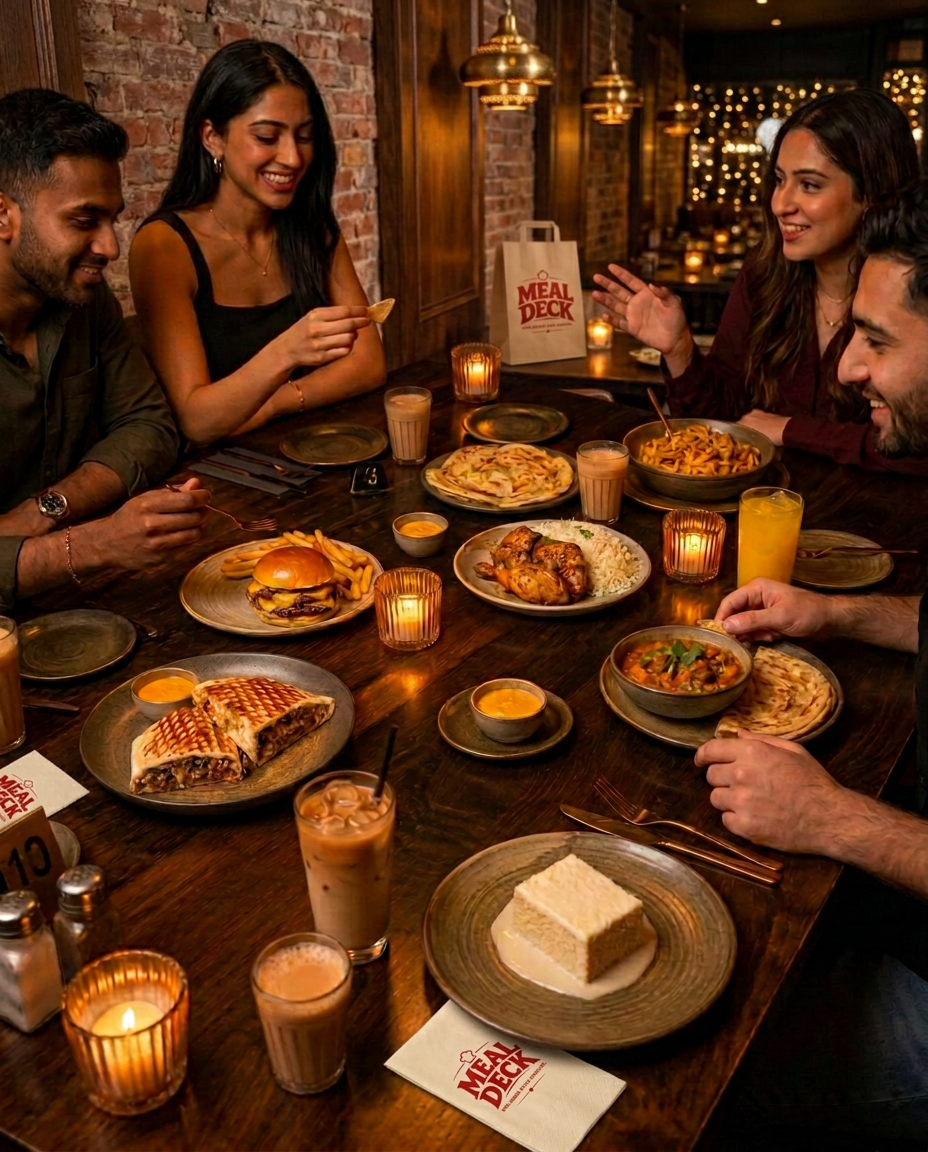 Friends sharing burgers, curry, fried chicken and fries around one dinner table